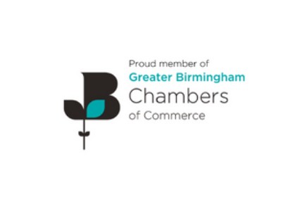 Black and teal logo reading Proud member of greater Birmingham Chambers of Commerce