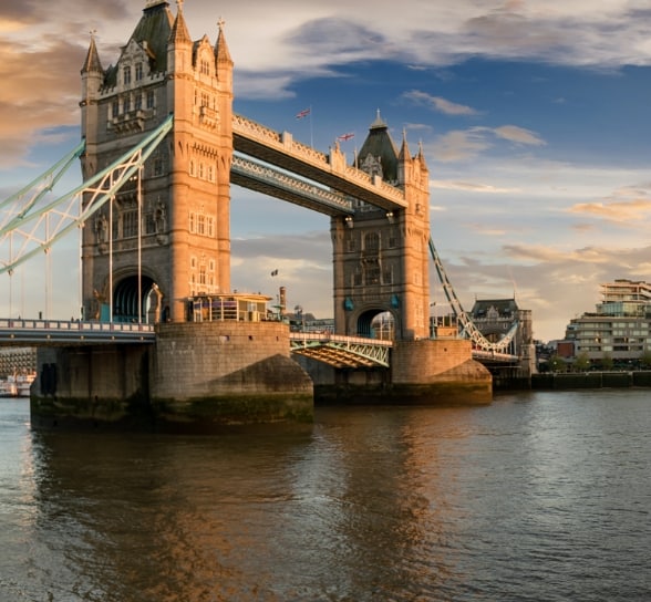 Image of Tower Bridge over the River Thames in London.