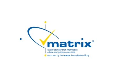 Blue logo with a yellow tick reading "matrix quality standard for information advice and guidance services approved by the matric Accreditation Body"