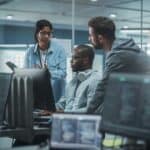 Diverse Group of Professionals Meeting in Modern Office: IT Programmers Use Computer, Talk Strategy, Discuss Planning. Specialists Create Innovative Software. Engineers Develop Inspirational App