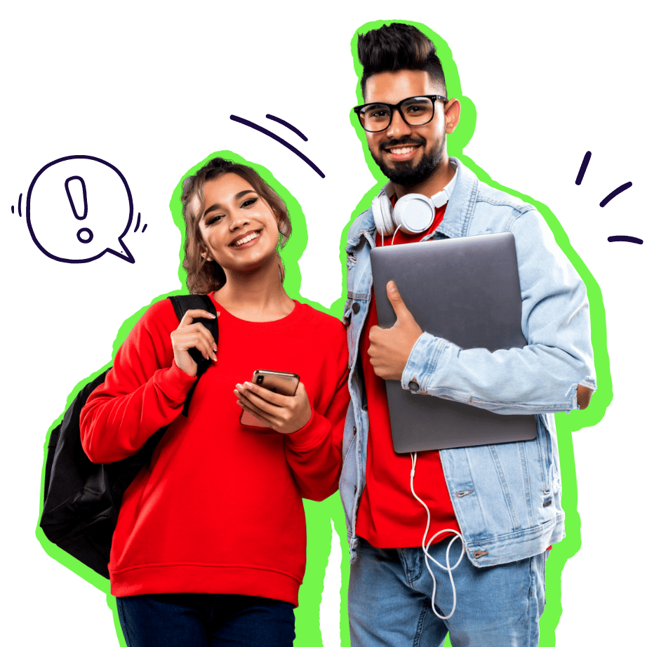 Male and female both wearing red jumpers smiling. Male holding a laptop with white headphones around his neck and woman holding a mobile phone ion one hand with a backpack on her left shoulder.