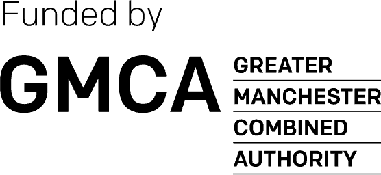 Black logo reading "Funded by GMCA: Greater Manchester Combined Authority"