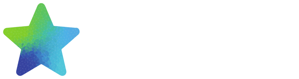 Blue and green star graphic with the white logo reading "netcom talent" to the right