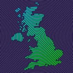 Navy blue background with green graphic of the United Kingdom with a fingerprint mark pattern overlay