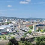 Sheffield city centre skyline with high-rise buildings and motorways