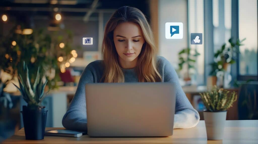 A young woman sits in front of a desk with social media icons around her head, wondering whether she should undertake a Social media and web design course